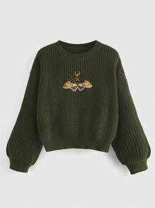 ROMWE Hippie Women's Round Neck Drop Shoulder Sweater With Moth Embroidery - Army Green - View 1