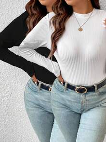 SHEIN Frenchy 大尺碼女士純色圓領紋路長袖t卹 - 黑與白 - 查看 5