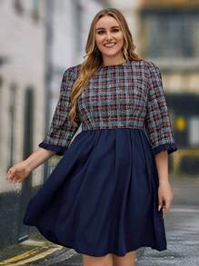 EMERY ROSE Plus Plaid Print Frill Trim Dress - Blue - View 4