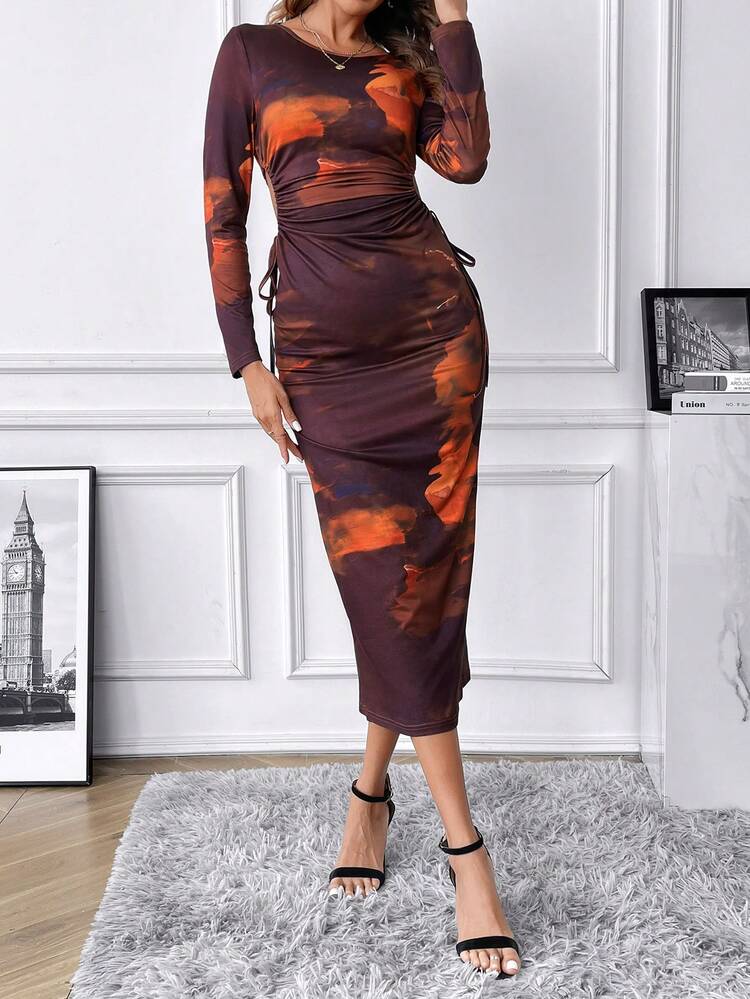 Graphic Print Round Neck Pleated Waist Hollow Out Drawstring Dress