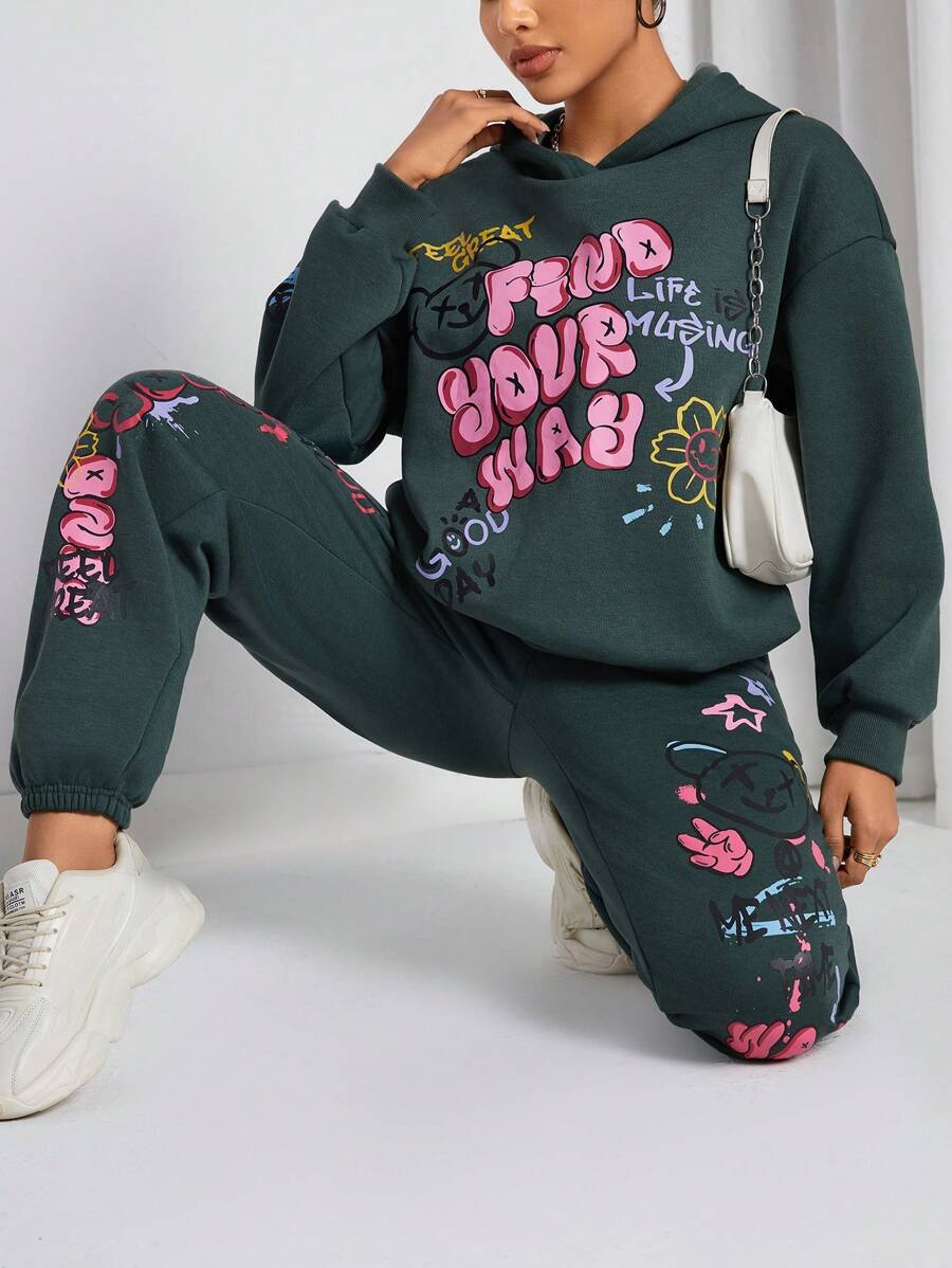 SHEIN EZwear 字母印花連帽運動衫和長褲套裝 - 軍綠色 - 查看 1