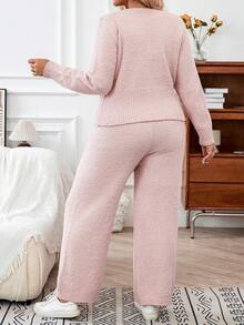 Calvaya Women's Plus Size Solid Color Button Up Cardigan Sweater And Wide Leg Pants Set - Pink - View 2