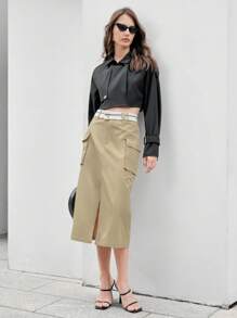 Anewsta Flip Túi Viền mép Váy - Màu Khaki - Xem 5