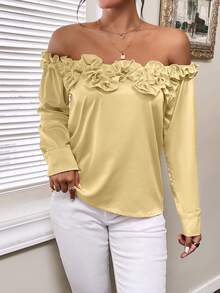 SHEIN Privé 3d Flower Off-shoulder Long Sleeve Shirt - Yellow - View 5