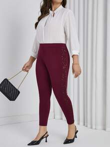 SHEIN Privé Women's Plus Size Patchwork Glitter Leggings - Burgundy - View 6