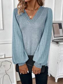 SHEIN LUNE Của phụ nữ Tay áo lồng đèn Cổ chữ V Áo thun - Màu xanh lam - Xem 1