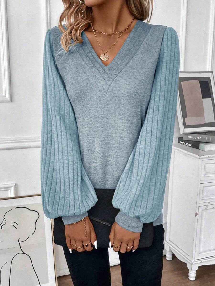 SHEIN LUNE Của phụ nữ Tay áo lồng đèn Cổ chữ V Áo thun - Màu xanh lam - Xem 1