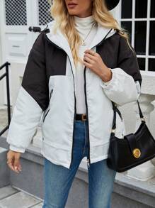 SHEIN LUNE Abrigo acolchado con bloque de color, hombros caídos, cordón ajustable y capucha, ropa de invierno - Blanco - Ver 4