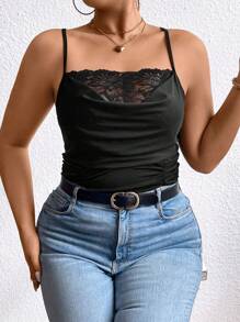 Rometta Plus Size Lace Patchwork V-neck Camisole Top - Black - View 10