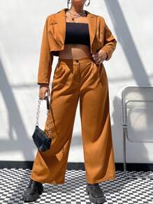 SHEIN EZwear Hơn Cổ áo Crop Blazer & Quần ống rộng - Màu nâu  Mocha - Xem 3