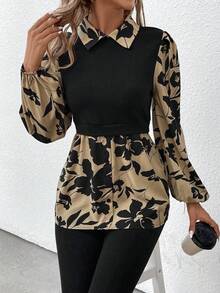 SHEIN LUNE Floral Print Panel Lantern Sleeve Shirt - Khaki - View 6