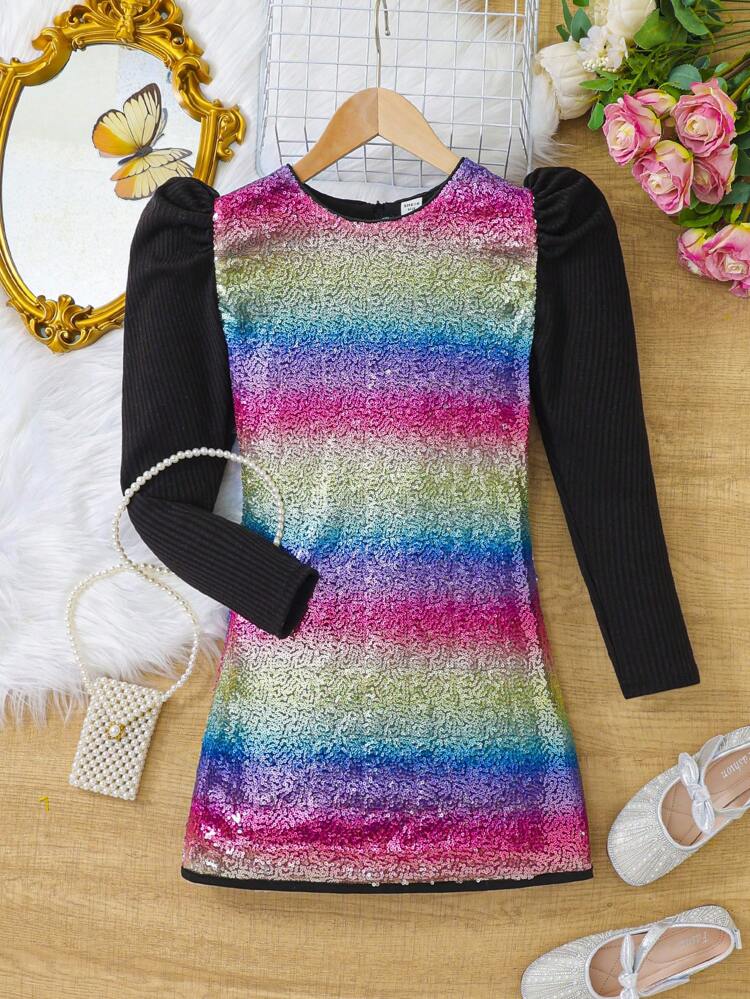 Girls' Rainbow Sequin Embroidery Leg-of-mutton Sleeve Long Sleeve Party Dress For Big Kid