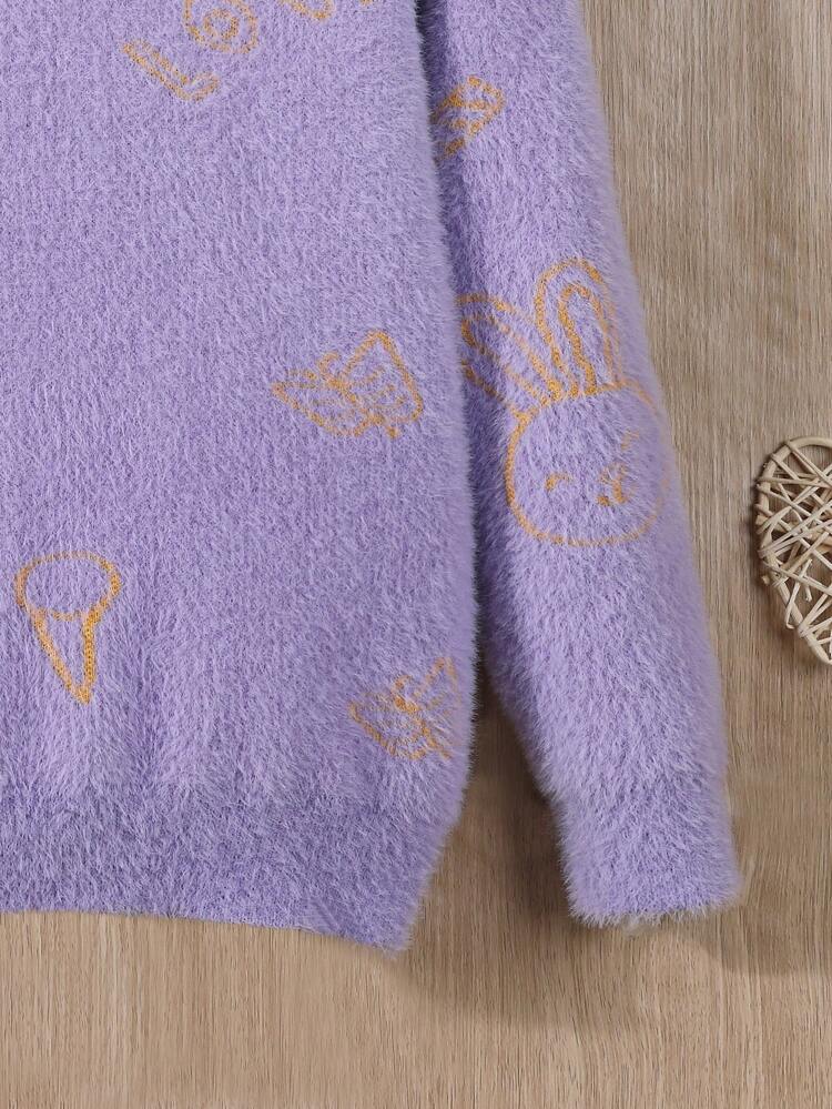 Tween Girls Fluffy Round Neck Sweater With Rabbit & Letter Pattern