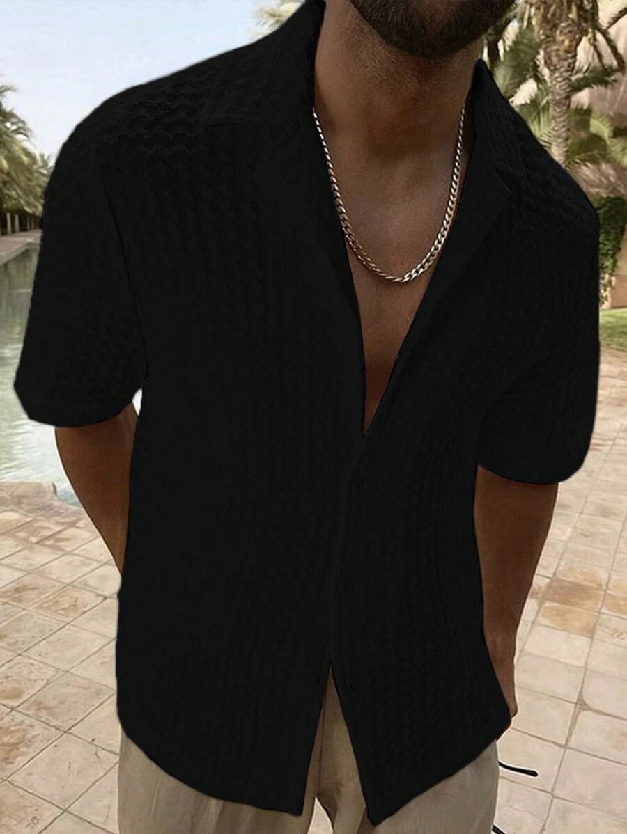 Manfinity Homme Camisa Con Cuello De Traje De Color Sólido Para Hombre - Negro - Ver 1