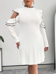 SHEIN Privé Plus Size Solid Color Stand Collar Bodycon Dress - White - View 6