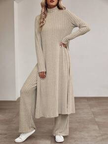 EMERY ROSE Women's Solid Color Ribbed Stand Collar Two-piece Set - Apricot - View 5