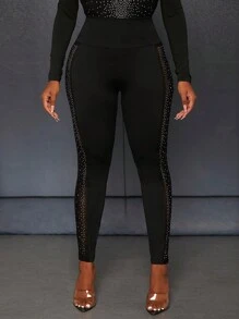SHEIN Slayr Women Elegant Mesh Panel Side Faux-Rhinestone Long Leggings, Black Knit Fabric Tight Fit Pants - Black - View 6