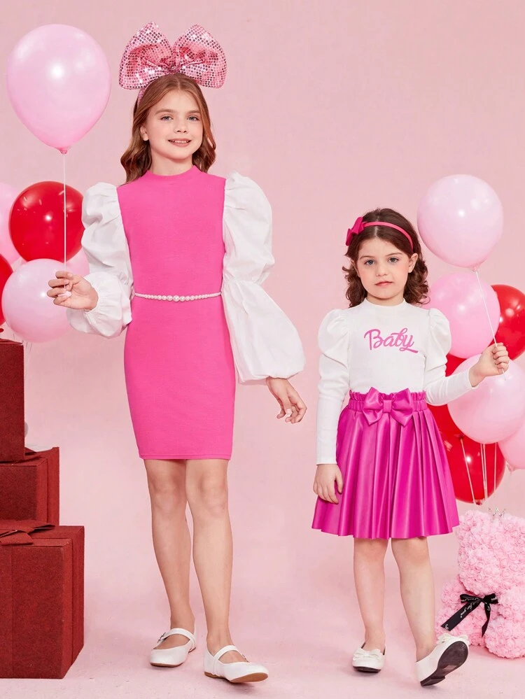 Tween Girls' Stand Collar Contrast Color Puff Sleeve Fitted Elegant Dress With Splice Design, Sibling Outfits Matching Outfits (2 Pieces Are Sold Separately)
