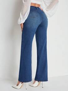 SHEIN Essnce Women's High Waist Wide Leg Denim Pants With Button Closure Pockets - Dark Wash - View 2