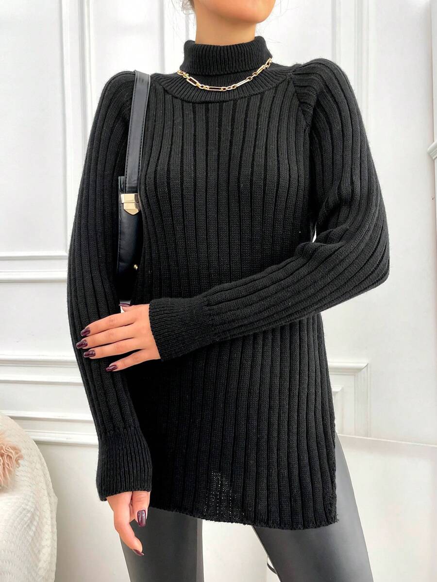 EURMUSE Turtleneck Raglan Sleeve Split Hem Sweater