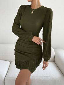 SHEIN Privé Vestido Plisado Con Dobladillo Con Volantes Y Mangas Farol - Verde militar - Ver 6
