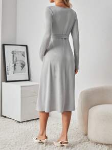 SHEIN Maternity V-Neck Wrap Front Side Knot Dress - Grey - View 2
