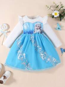 SHEIN Young Girl Princess Tutu Dress With Tulle Mesh Overlay - Blue - View 1