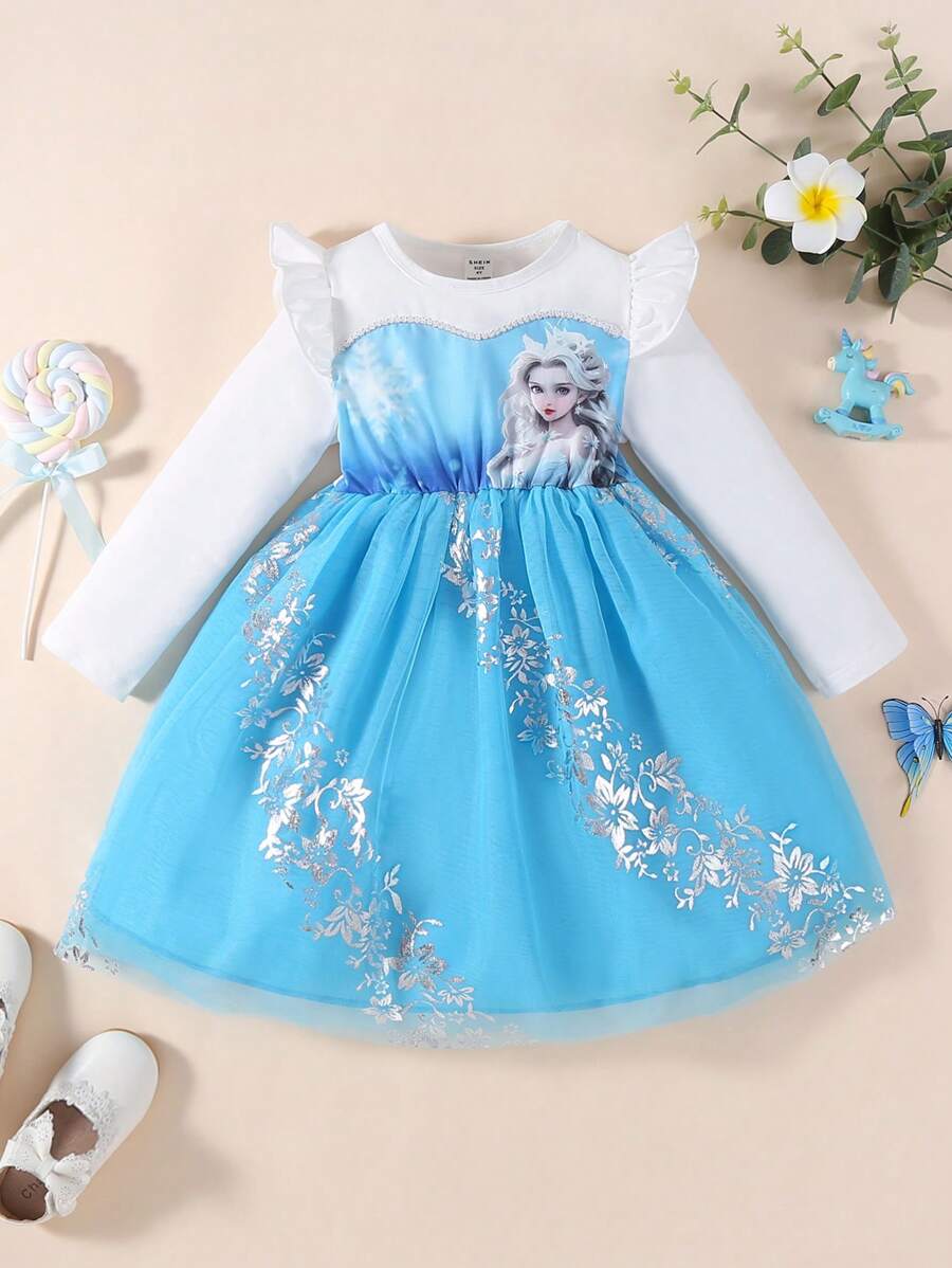 SHEIN Young Girl Princess Tutu Dress With Tulle Mesh Overlay - Blue - View 1