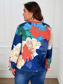 SHEIN Franclia 大尺碼女蕾絲袖花卉印花襯衫 - 藏蓝色 - 查看 2