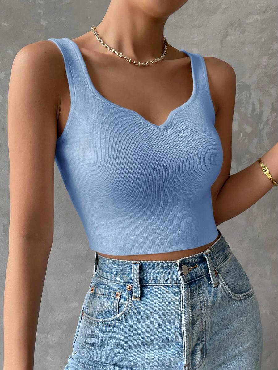 SHEIN Clasi Top De Punto Con Cuello De Corazón Y Cuello Sólido - Azul - Ver 1