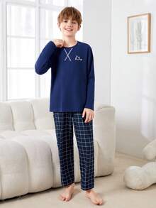 SHEIN 男大童合體休閒翻領t卹格紋長褲家居服 - 藏蓝色 - 查看 4