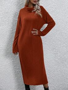 SHEIN Essnce 女式純色連帽蝙蝠袖連衣裙(不含腰帶) - 鏽棕色 - 查看 4