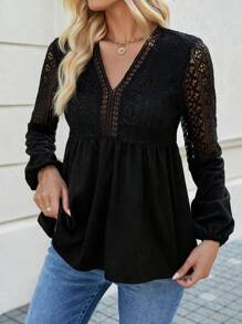 SHEIN Frenchy Blusa De Encaje De Empalme Para Mujer - Negro - Ver 1