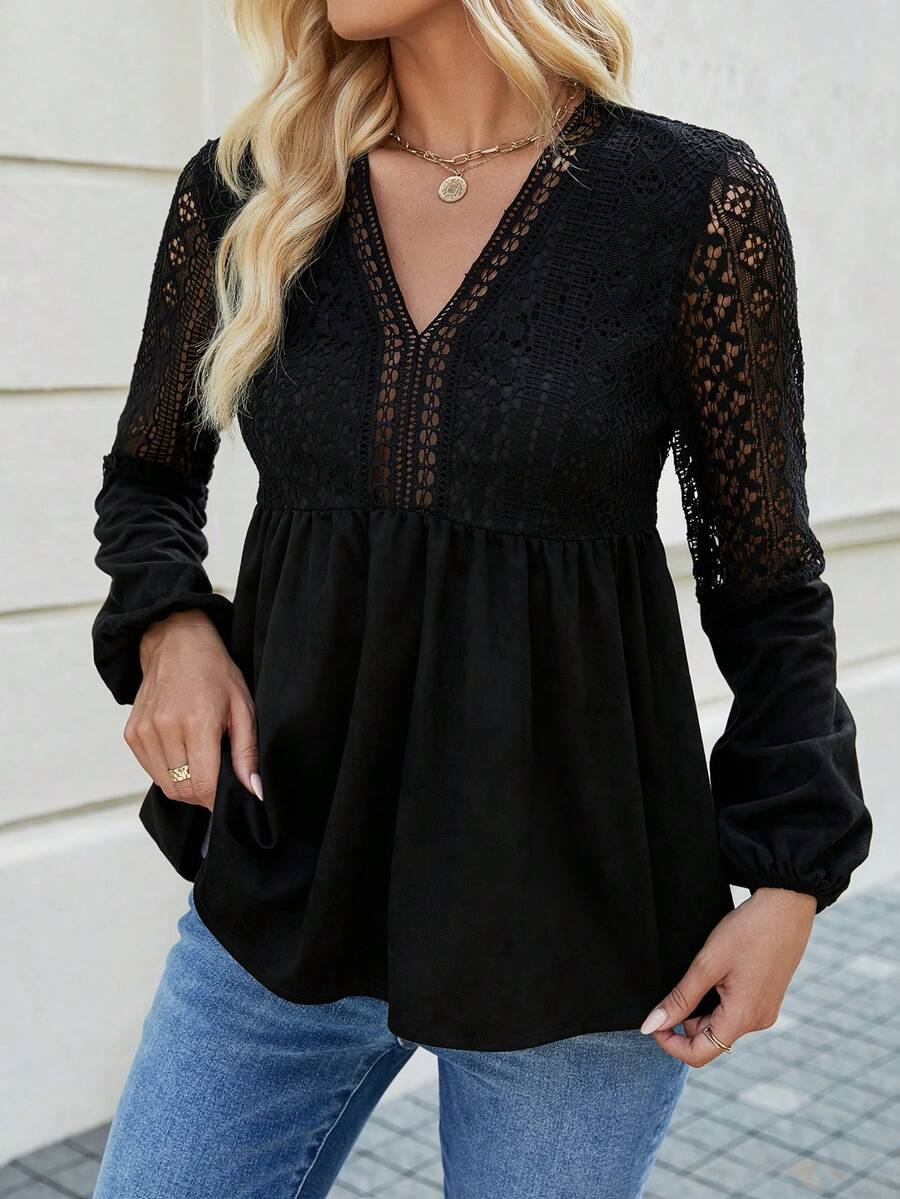 SHEIN Frenchy Blusa De Encaje De Empalme Para Mujer - Negro - Ver 1