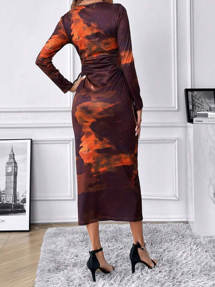 Graphic Print Round Neck Pleated Waist Hollow Out Drawstring Dress