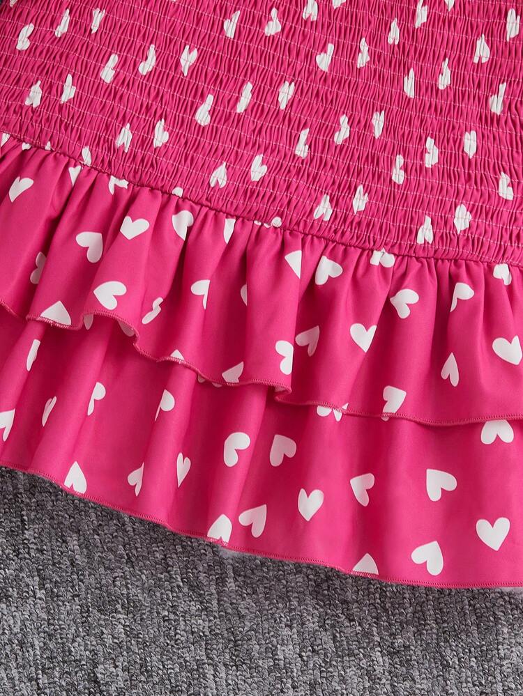 Tween Girls' Woven Heart Pattern Off Shoulder Blouse And Skirt Set