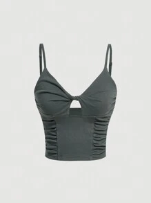 SHEIN MOD 女裝褶皺,扭結,空心背心上衣 - 深灰色 - 查看 1