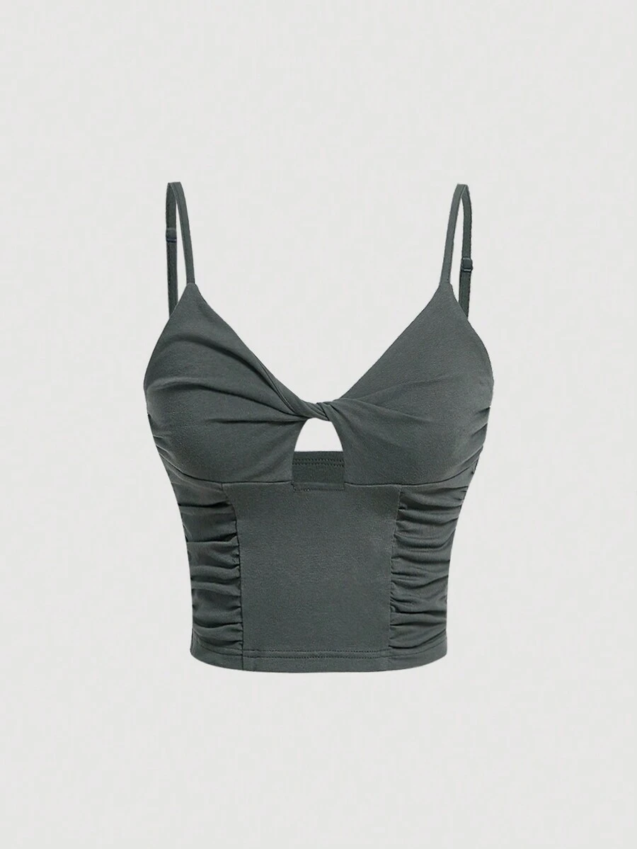 SHEIN MOD 女裝褶皺,扭結,空心背心上衣 - 深灰色 - 查看 1