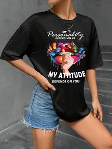 SHEIN EZwear 女士蝴蝶和唇印花t恤