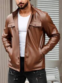 Manfinity Homme 純色立領皮夾克 - 棕色 - 查看 6