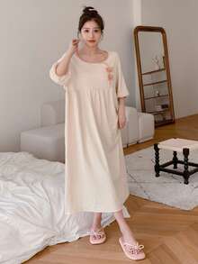 DAZY Women's Bow Decorated Contrast Color Collar Home Dress - Beige - View 5