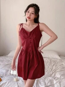 DAZY 女士提花材料細肩吊帶連體睡衣 - 酒紅色 - 查看 4