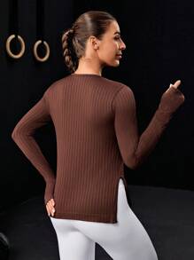 Easithlete 女式圓領淨色長袖運動t卹 - 咖啡棕 - 查看 2