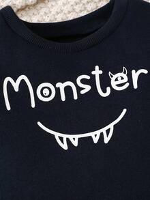 Em bé Con trai Đúng mốt Và Dễ thương Lá thư Và Nhỏ bé Quái vật In Áo nỉ Và Quần jean Quần Bộ Cho mùa xuân Và Mùa thu - màu đen - Xem 4