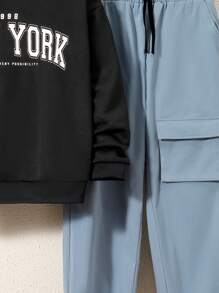 SHEIN Tween 男孩寬鬆運動連帽衫和工裝褲套裝 - 黑色 - 查看 5