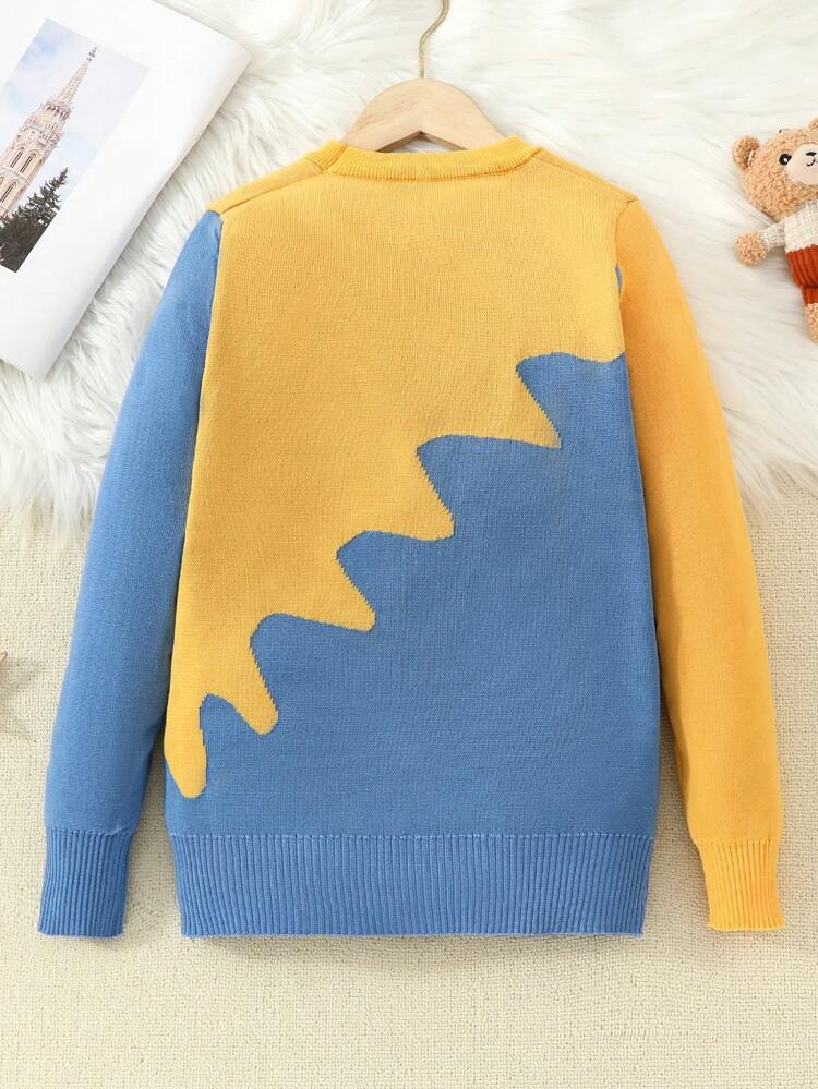 Girls' Crew Neck Colorblock Teddy Bear Pattern Sweater For Big Kids