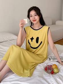 DAZY 女式笑臉印花家居服連身裙 - 黃色 - 查看 3