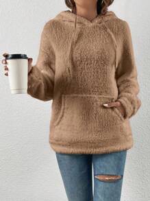 SHEIN EZwear Kangaroo Pocket Drop Shoulder Drawstring Teddy Hoodie - Camel - View 5