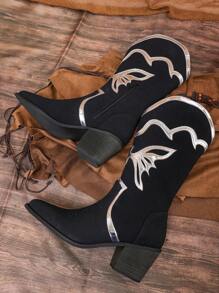 Styleloop Botas para mujer hasta media pantorrilla con costura de colores en contraste, botas americanas hasta media pantorrilla, botas vaqueras para mujer - Negro - Ver 8