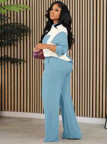 Camisa con bolsillo de bloques de color y pantalones de pierna ancha, conjunto casual y elegante de primavera - Celeste - Ver 6
